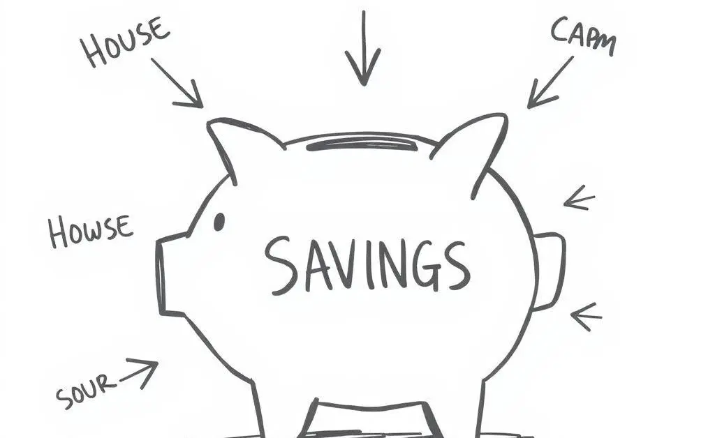 A piggy bank with arrows pointing to savings goals like a house and car.