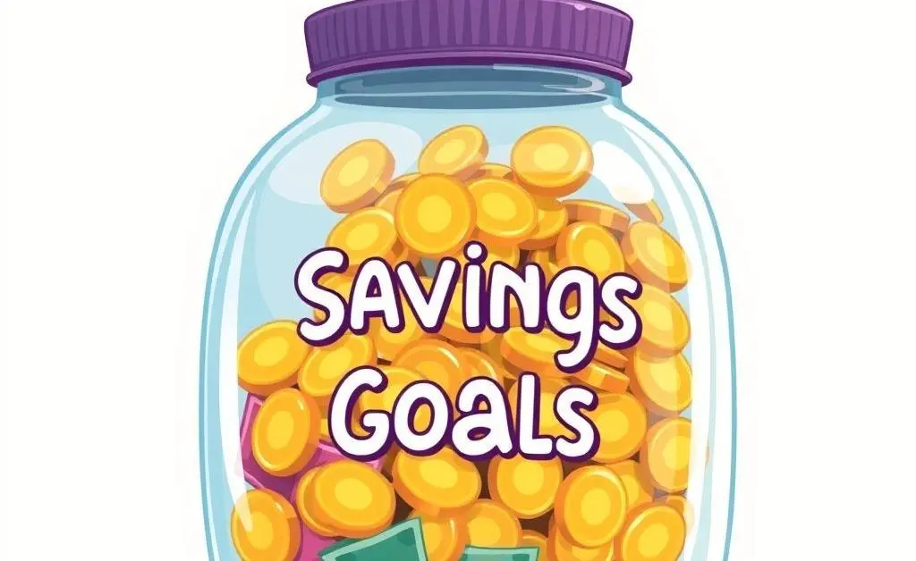 Jar labeled 'Savings Goals' filled with coins and bills