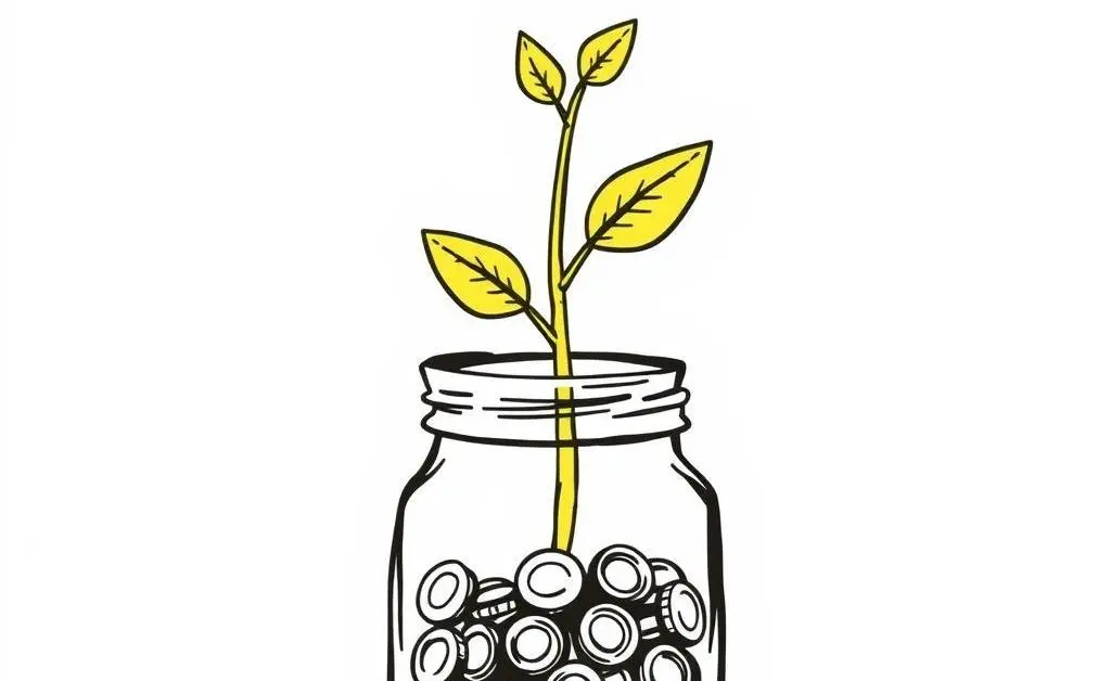 A plant growing out of a coin jar, symbolizing growing savings.