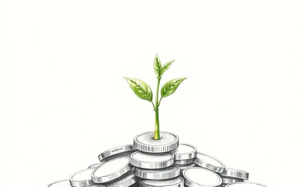 A hand-drawn image of a plant growing from coins, symbolizing savings growth
