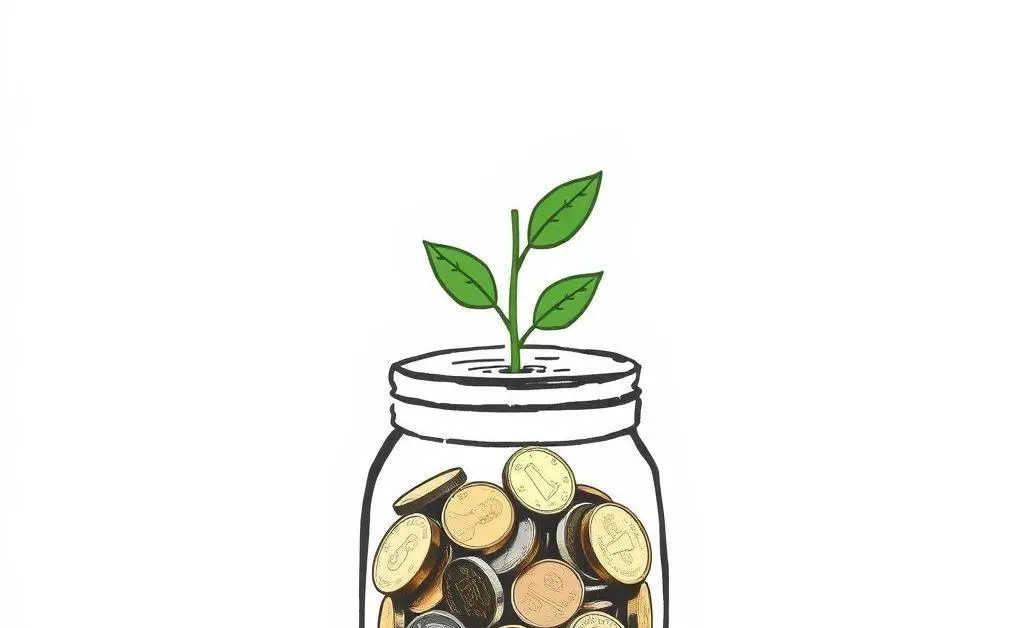 A hand-drawn plant growing from a jar of coins