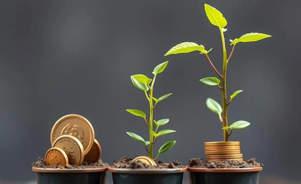 Small plant pots with coins growing into trees.