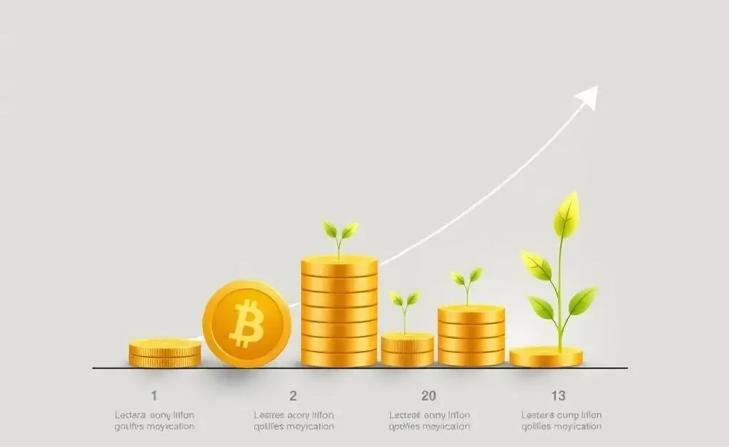 A minimalist chart showing gradual growth, with symbolic coins and plants.