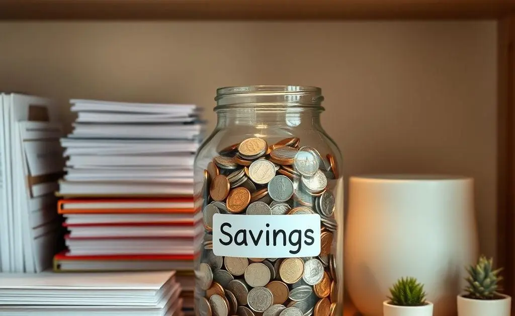 A glass jar filled with coins labeled 'Savings' on a well-organized shelf.