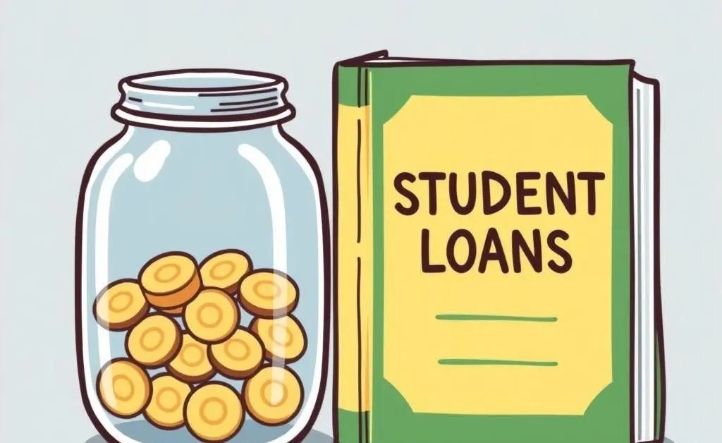 A cartoon-style image of a savings jar next to a student loans book.