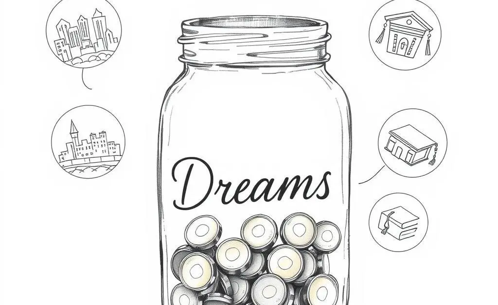 Savings jar labeled 'Dreams' with coins.