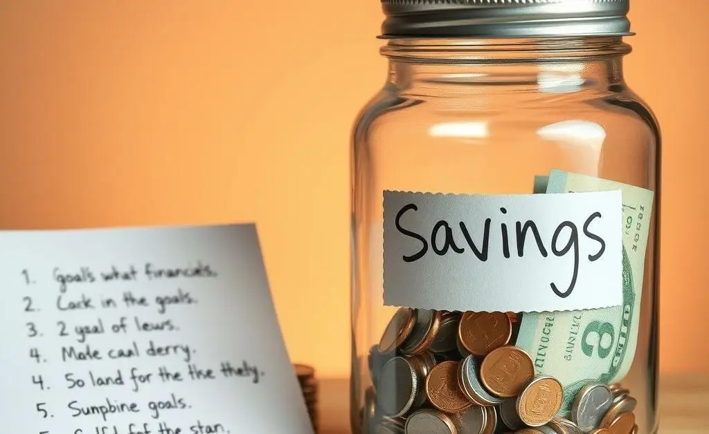 A jar labeled 'savings' with coins and bills, next to a list of goals