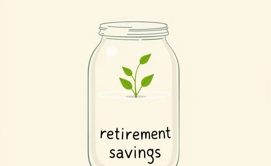 Jar labeled as 'retirement savings' with a plant growing out of it.