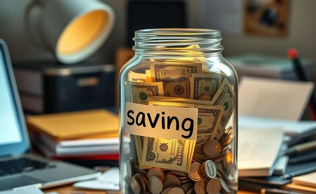 A jar labeled 'savings' on a home office desk filled with dollar bills
