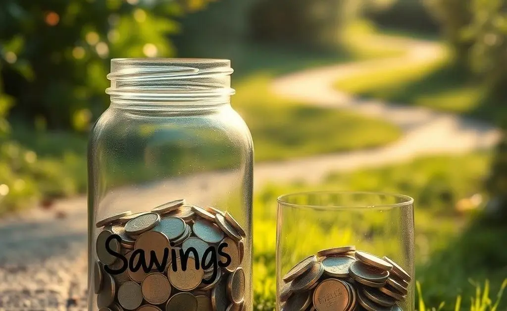 A jar labeled 'Savings' filling up with coins next to a pathway.
