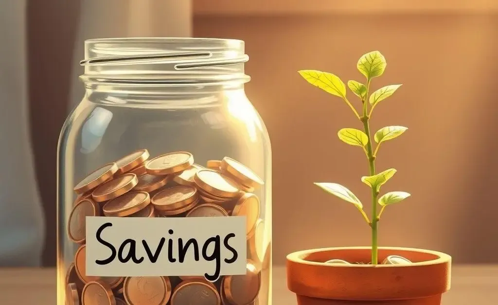 An image of a jar labeled 'Savings' filled with coins, next to a small plant growing from a pot.