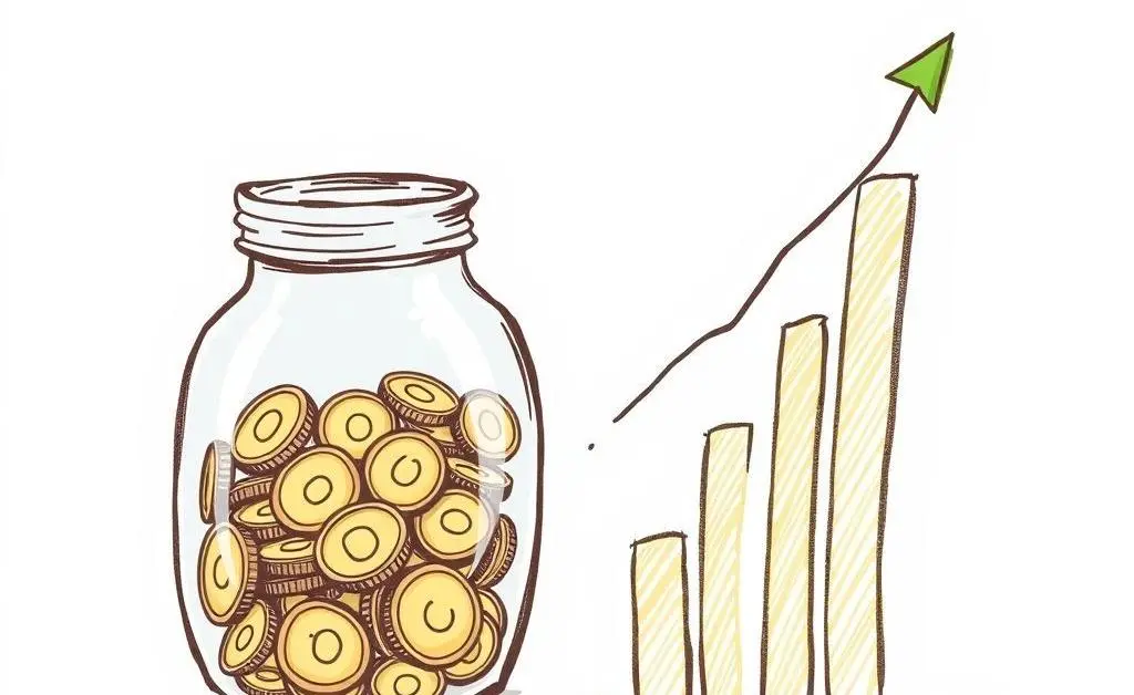 Hand-drawn style image of a savings jar with coins and a growth chart