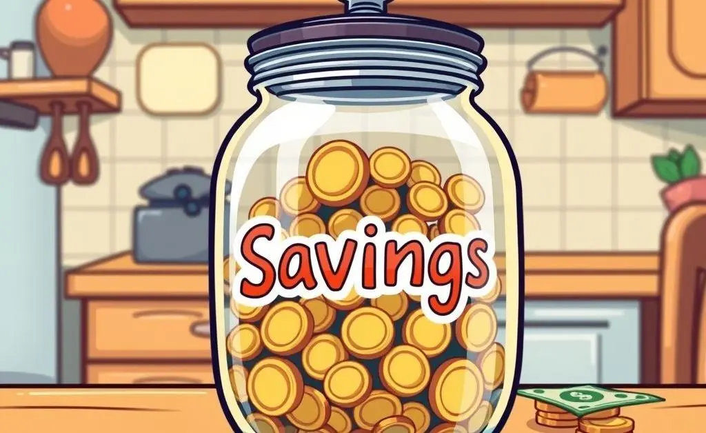 Savings jar filled with coins and bills on a kitchen table
