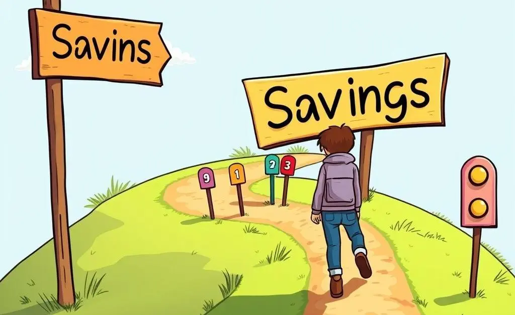 Cartoon-style image of a person walking on a path labeled 'savings' with milestone markers.
