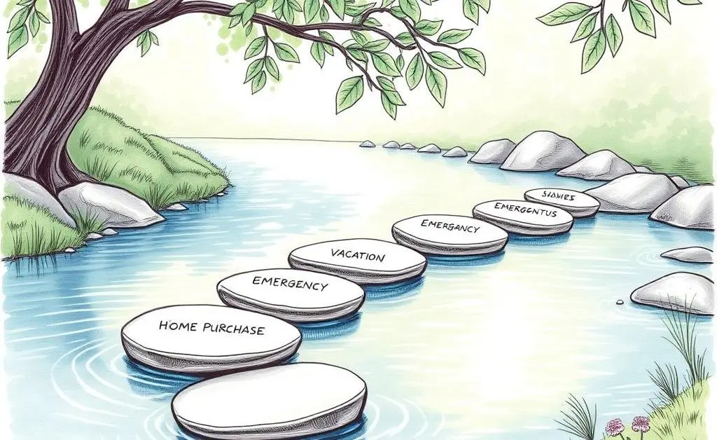 Hand-drawn image of savings goals depicted as stepping stones over a calm stream