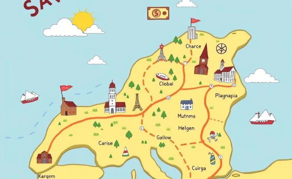 A whimsical map illustrating a savings journey with landmarks representing financial goals.