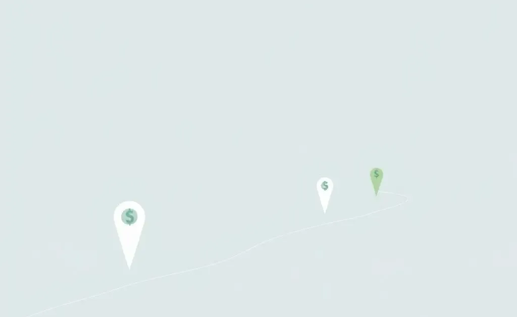 A minimalist map illustrating a journey towards financial savings with markers and goals