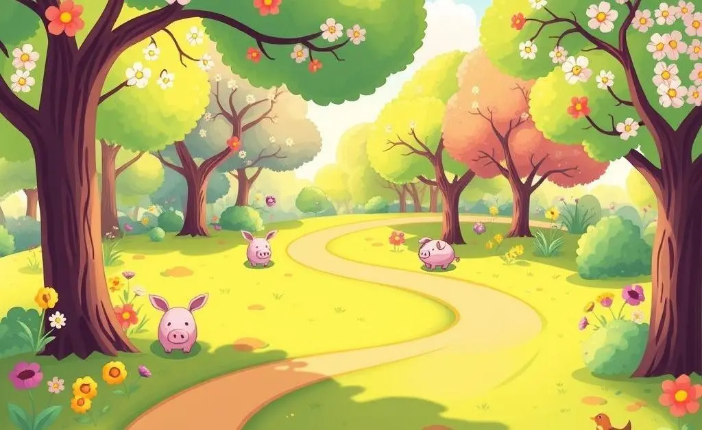 A cartoon-style path winding peacefully through a scenic park, representing a savings journey.