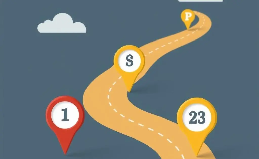 A roadmap with milestone markers symbolizing stages of a savings journey.