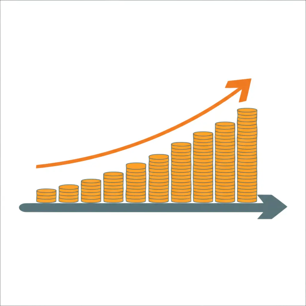 Savings journey with coins and graphs.