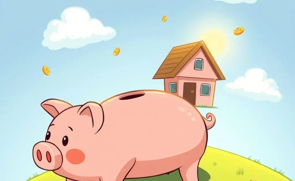An illustrated path leading from a piggy bank to symbols of financial success
