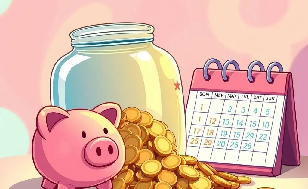 Savings jar illustration with coins and a calendar