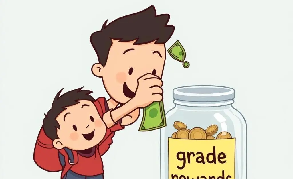 A child putting money into a savings jar labeled 'grade rewards'