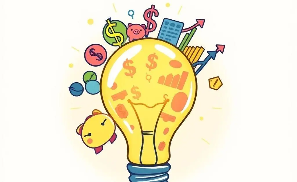 A cartoon-style light bulb with financial symbols inside