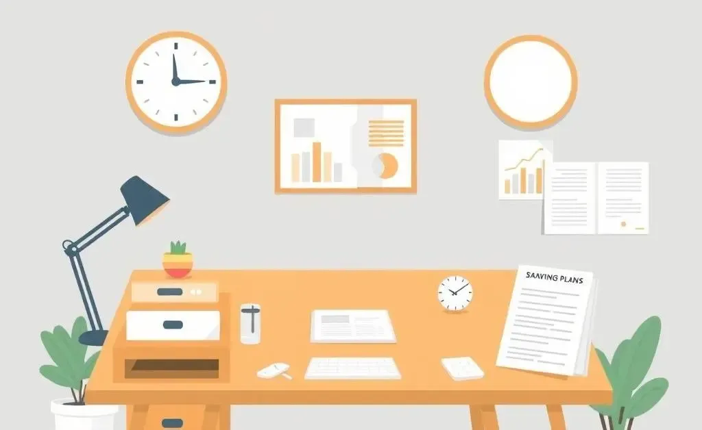 A workspace with savings plans and interest documents