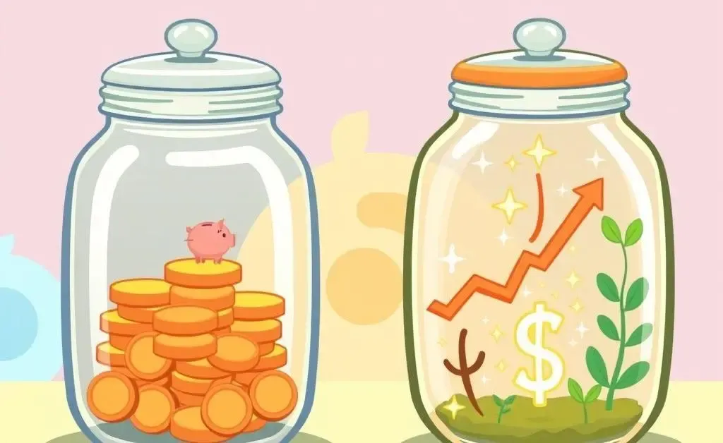 Cartoon-style comparison of a savings account and investments jars side by side