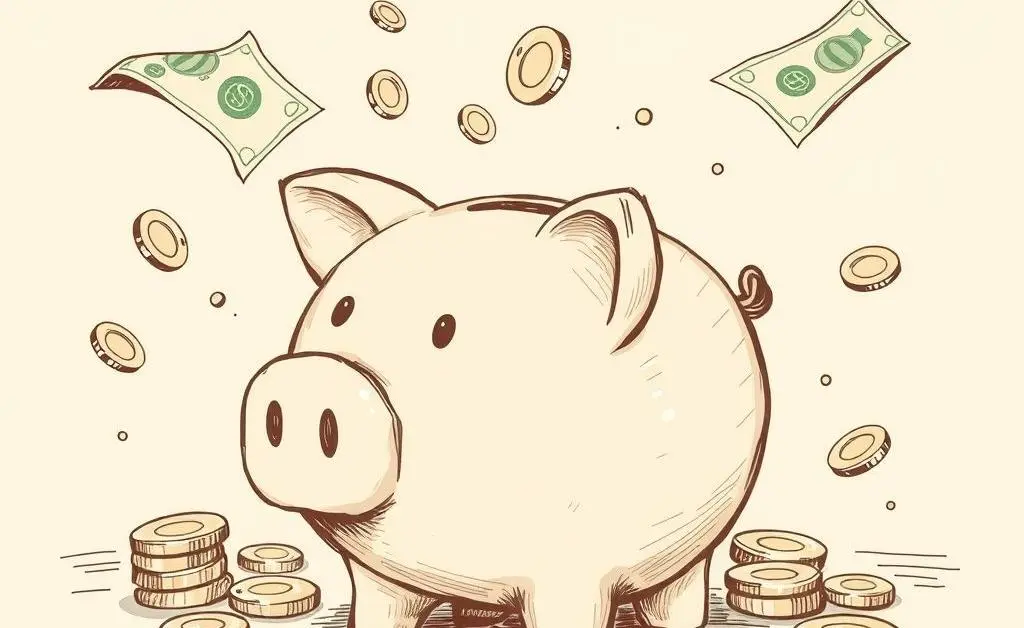 Piggy bank with dollar bills and coins moving towards it.