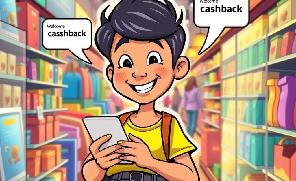 A cartoon of a person checking their smartphone for cashback alerts while shopping