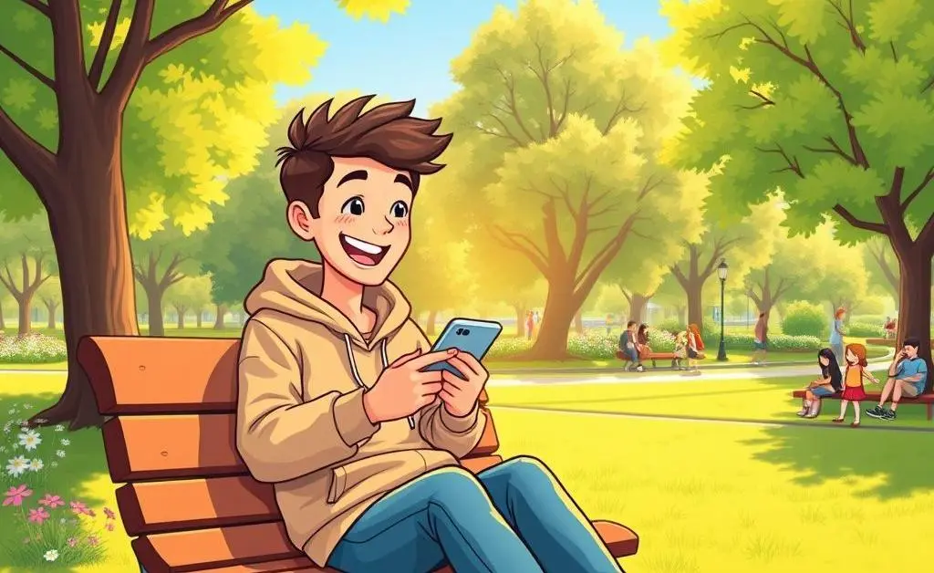 Cartoon-style image of a student happily using a mobile banking app in a park.