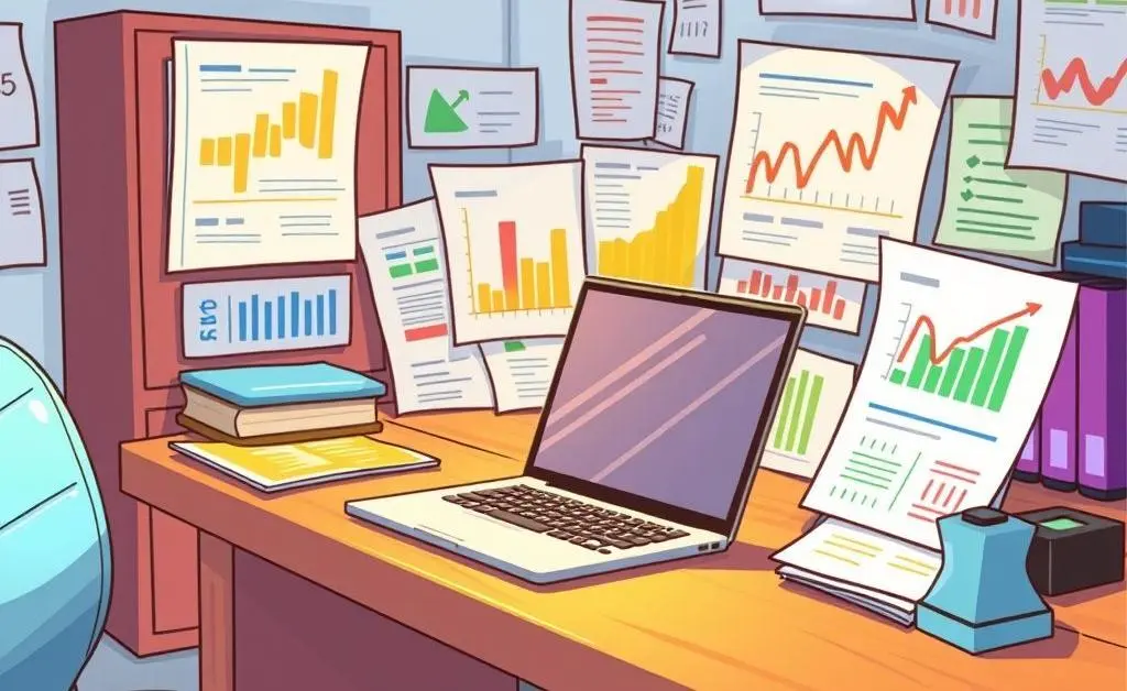 Financial documents and laptop on a desk.