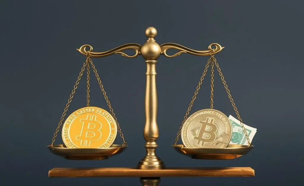 Scales balanced with crypto symbols and traditional money