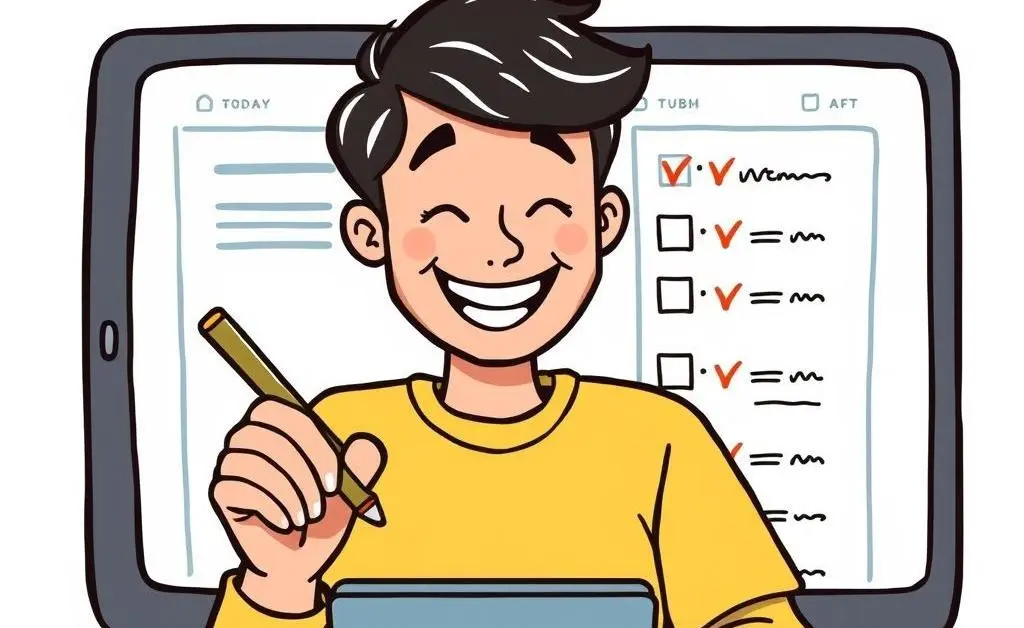 Person happily checking off tasks on a planner