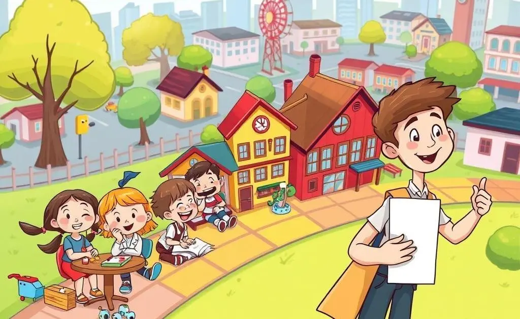 A cartoon timeline of a child progressing through different educational milestones.