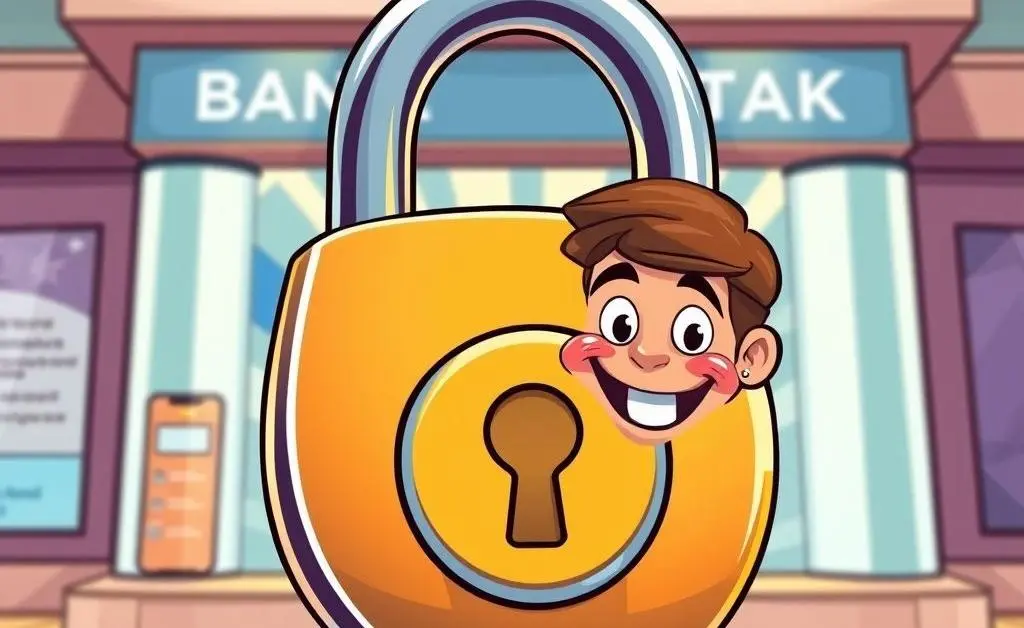 Cartoon-style padlock symbolizing secure banking processes with a smiling customer.