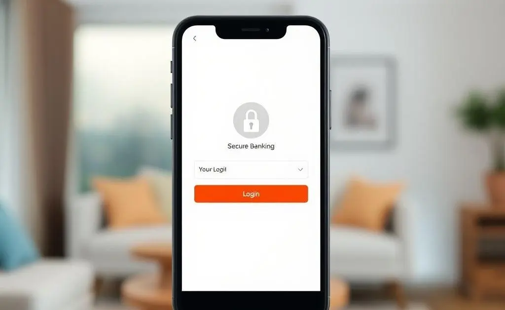Mobile phone with a secure banking login screen set against a serene home backdrop
