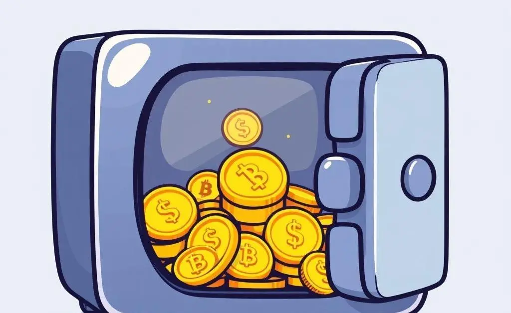 A cartoon of a safe with digital coins.