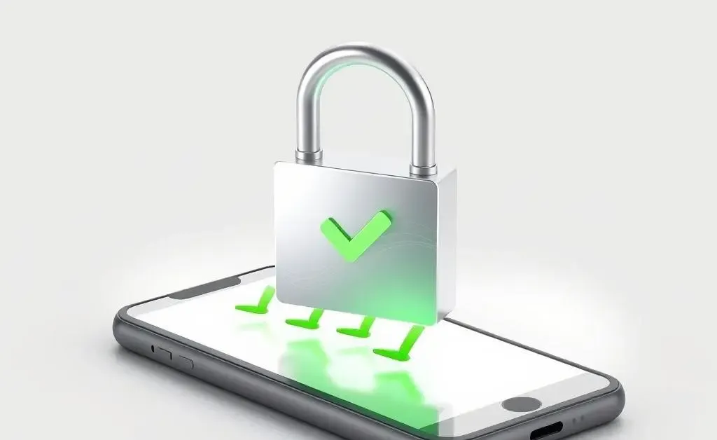 A digital padlock over a smartphone with green check marks to convey security