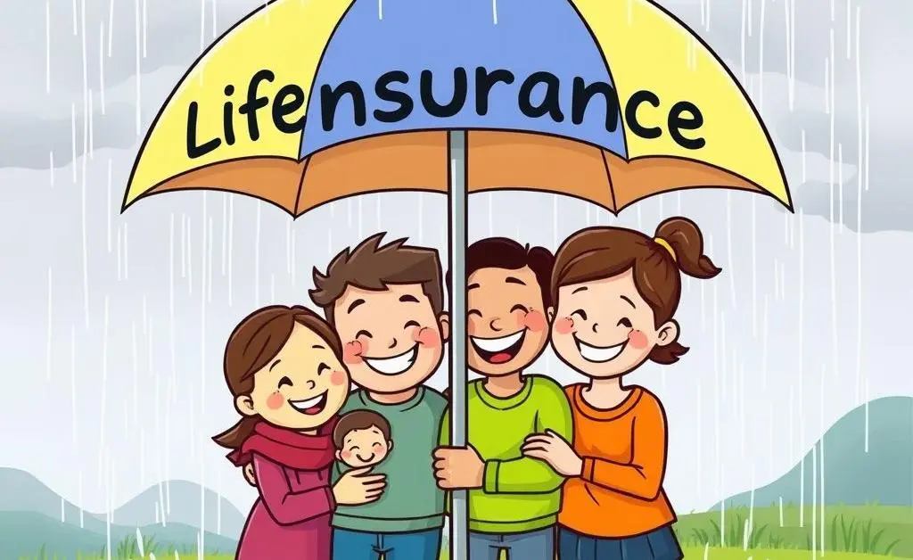 Family under a life insurance-labeled umbrella