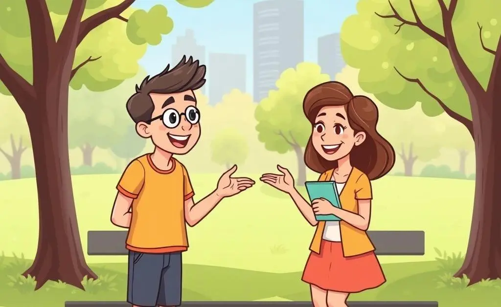 Cartoon style of two people happily discussing finances in a peaceful park setting.