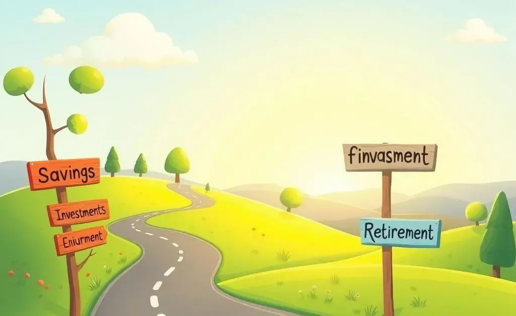 A road labeled 'financial future' with signposts like 'savings', 'investments', 'retirement'