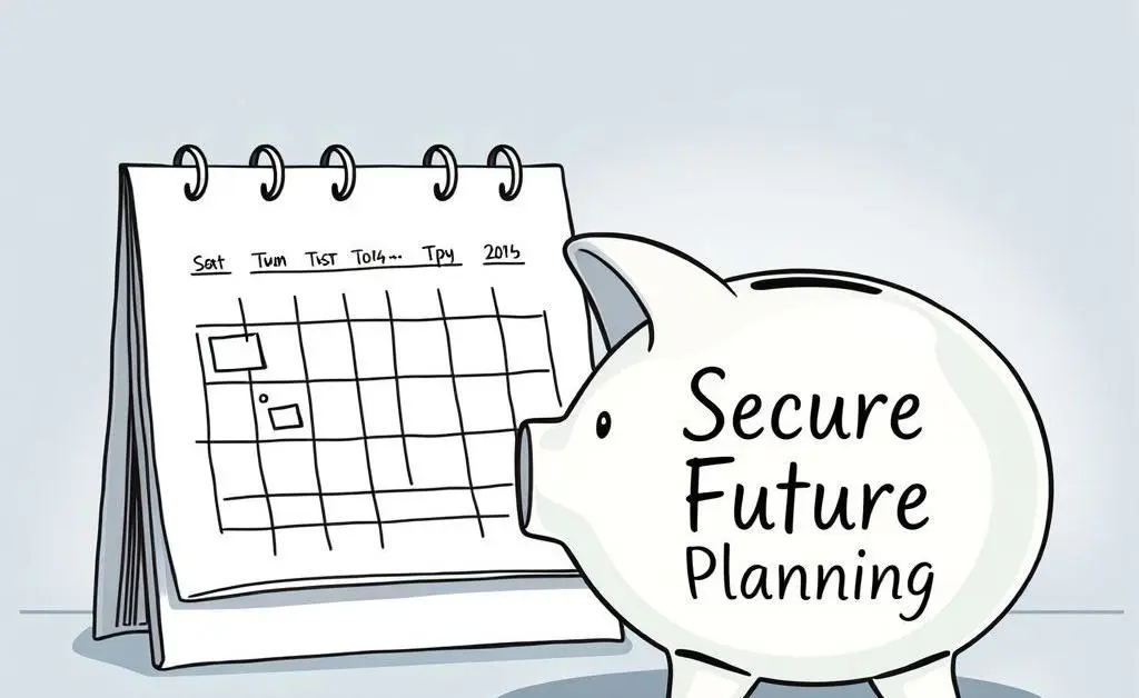 A hand-drawn calendar and piggy bank labeled 'Secure Future Planning'