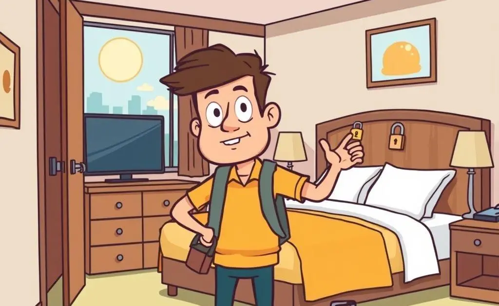 A cartoon-style image of a traveler securing their hotel room with extra locks.