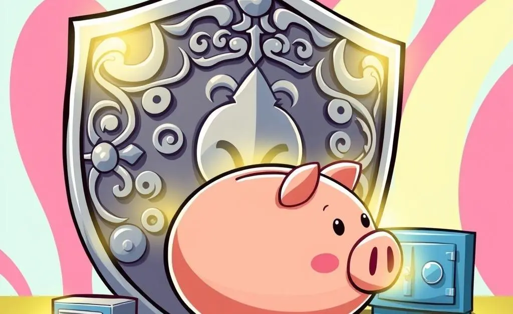 Shield protecting a piggy bank surrounded by small safes