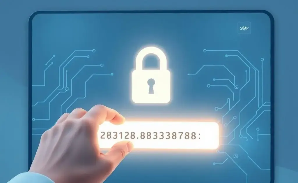 An illustration of a secure login page, highlighting a padlock symbol and a secure password being entered.