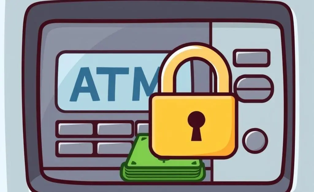 Cartoon image of secure cash deposit via ATM with a lock symbol.