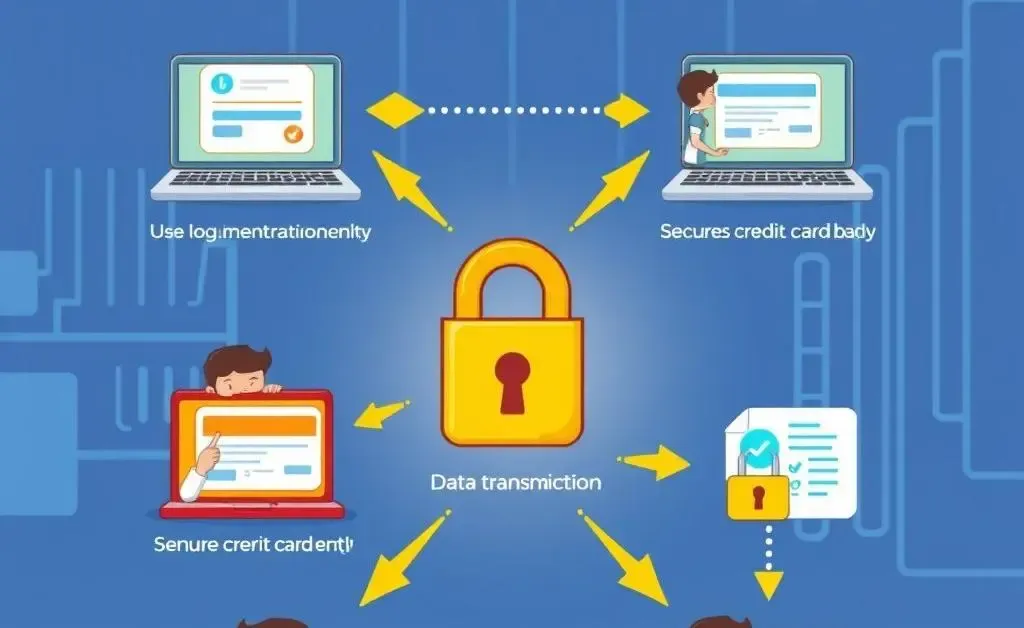 Illustration showing the steps of a secure online payment process including authentication.